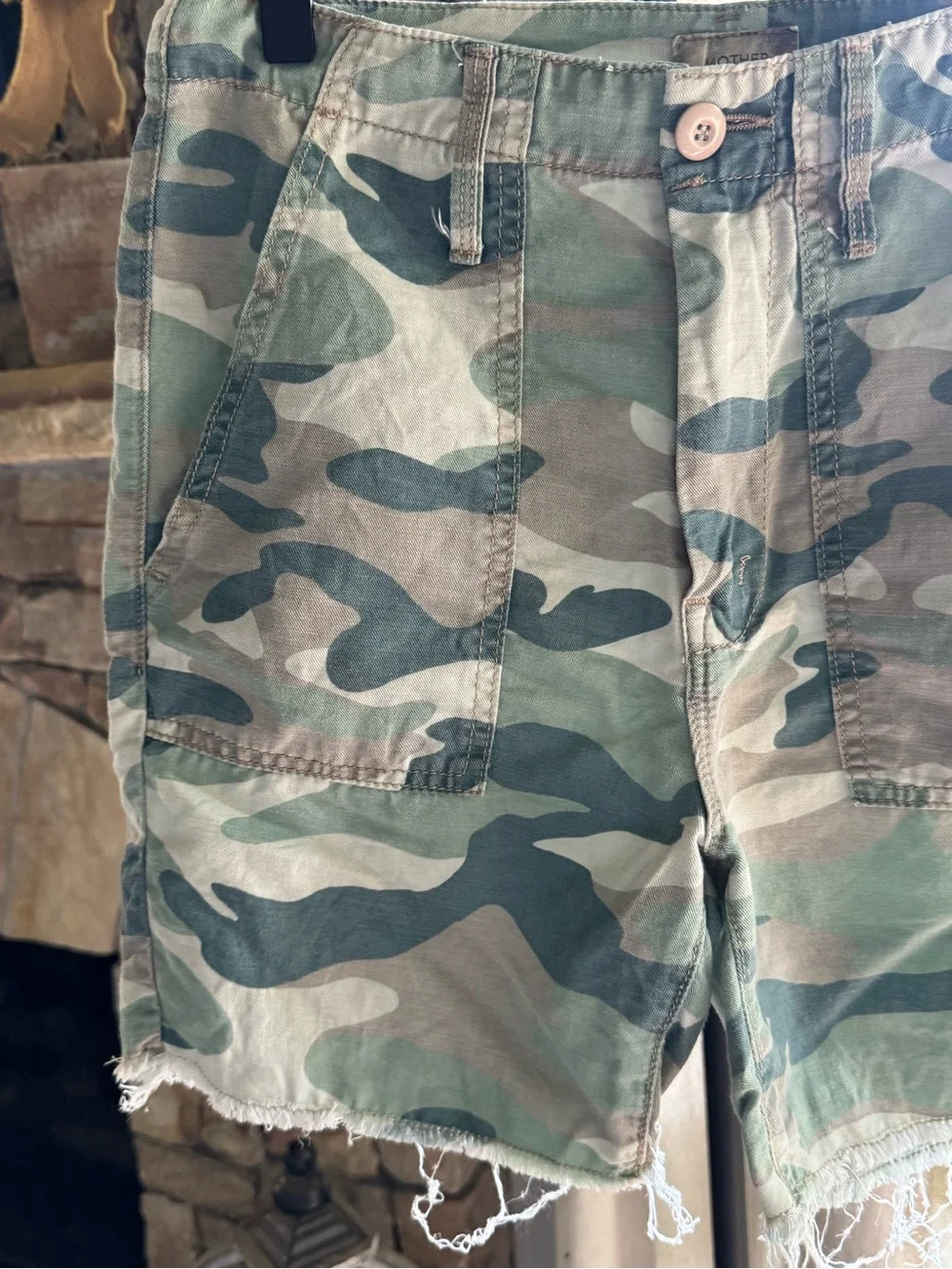 MOTHER Camouflaged High-Rise Frayed Hem Shorts in Green & Tan - Picture 9 of 16